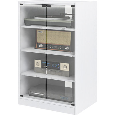 4 Media Cabinet, Tempered Glass Doors, Adjustable Shelves, Cable Management, Distressed White For Digital Audio Video Stand, Modern With Attractive