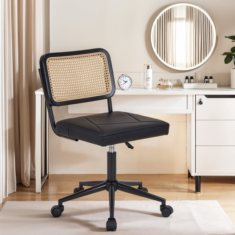 Tiltable Rattan Desk Chair Adjustable 360° Swivel Office Chair, Black