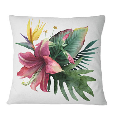 Bouquet de fleurs et de feuilles tropicales sur fond blanc - coussin décoratif imprimé tropical