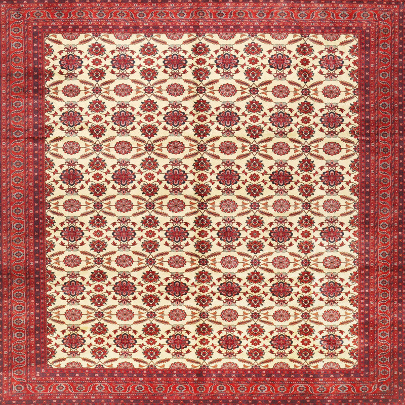 Tapis en laine rouge / beige, Carré 6 pi