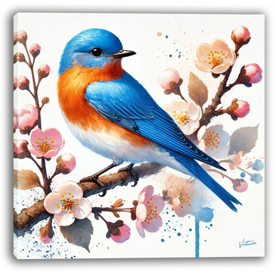 Blossoming Vibrance - Bluebird and Cherry Blossoms Canvas Print Art