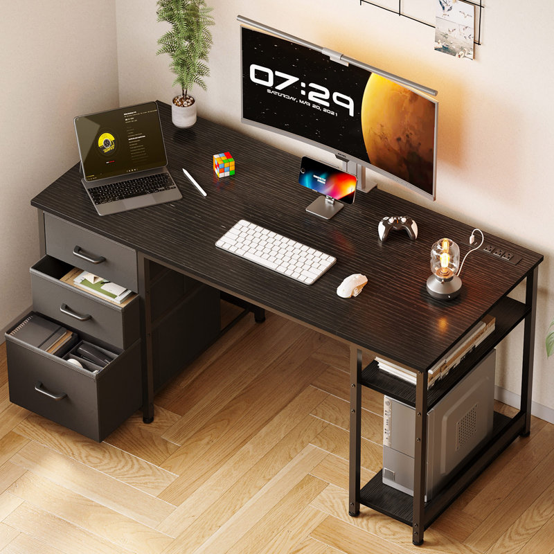51"W Reversible Computer Desk With Recessed Outlets,Home Office Desk With 3 fabric Drawers, Writing Desk With Storage Shelves