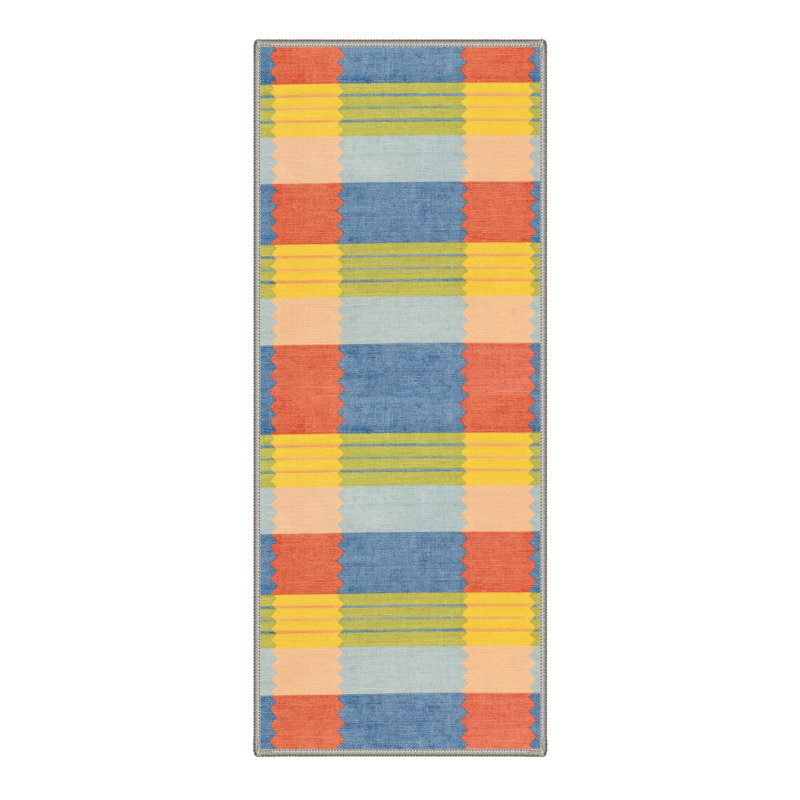 Liadan Verve Modern Machine Washable Blue / Red / Yellow Indoor Area Rug with Non-Slip Backing, Runner 2'3" x 6'