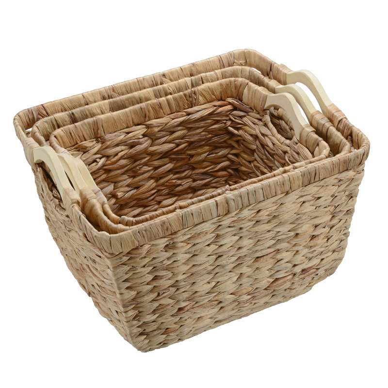 Handwoven Wicker Storage Baskets with Wooden Handles (Set of 3)
