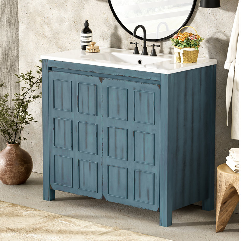 36" Bathroom Vanity with Ceramic Sink and Ample Storage Cabinet, BlueWhite
