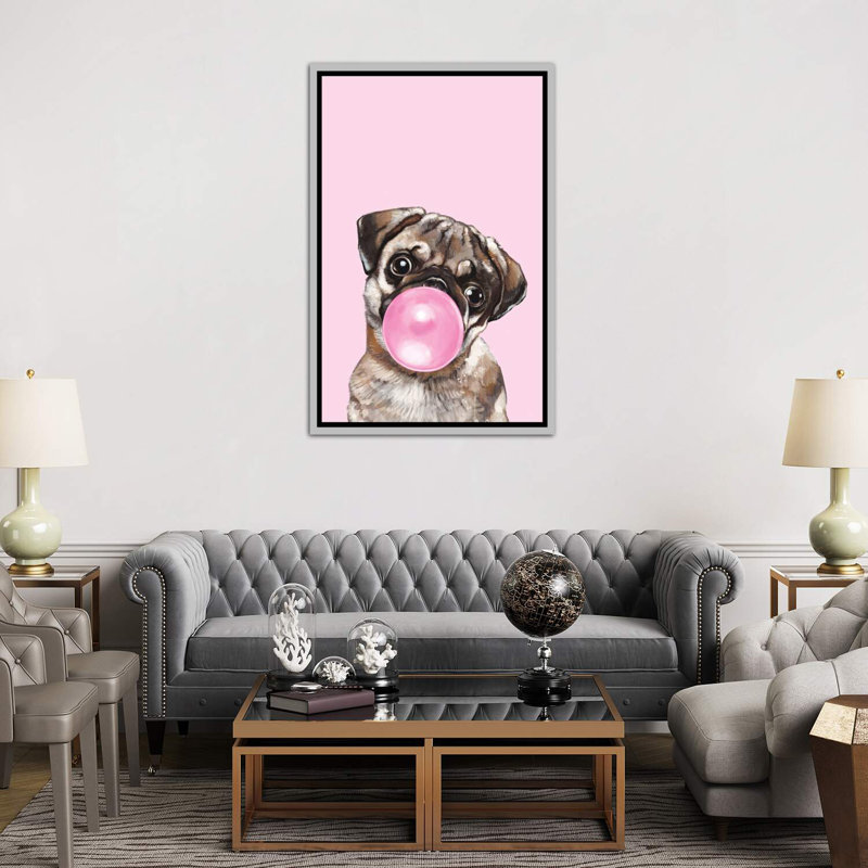 «Pug Blowing Bubble Gum in Pink» par Big Nose Work, impression, H 60 po x l 40 po x P 1,5 po, Toile avec cadre argenté