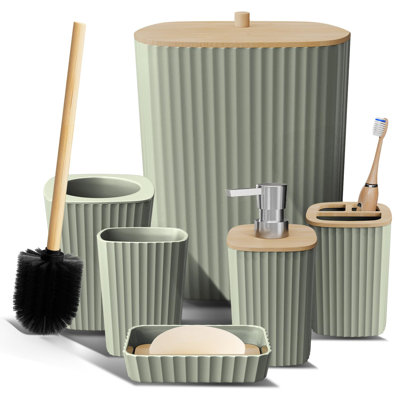 Ensemble de salle de bain - Ensemble d'accessoires de salle de bain vert sauge, ensemble d'accessoires de salle de bain 6 pièces, ensemble de salle de bain avec brosse de toilette, poubelle et distributeur de savon