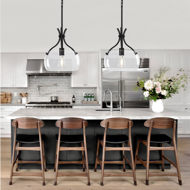 Luminaire suspendu cylindrique moderne à 1 lumière avec abat-jour en verre transparent Mald, Une lumière, Noir mat