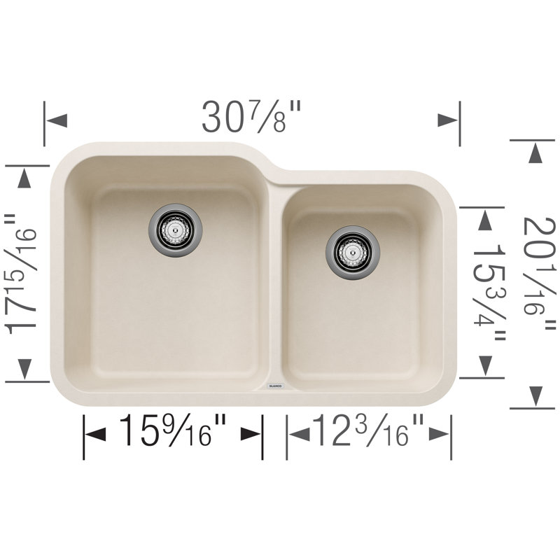 Évier de cuisine à double cuve en granite avec crépines à panier encastrable L 31 po x l 20 po Vision, Blanc doux