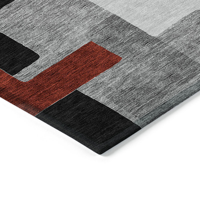 Gray Geometric Washable Synthetic Indoor/Outdoor Rug 3' x 5'