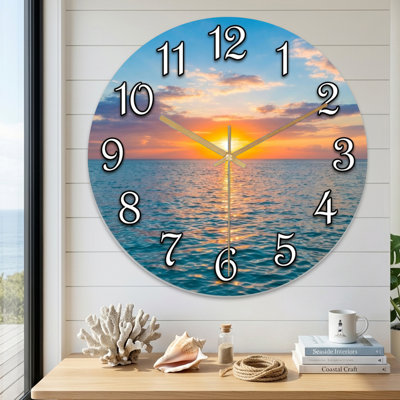 Landscape & Nature Sunset Ocean Horizon Sky Water Clock Face Numbers Ultra Clear Glass Wall Clock
