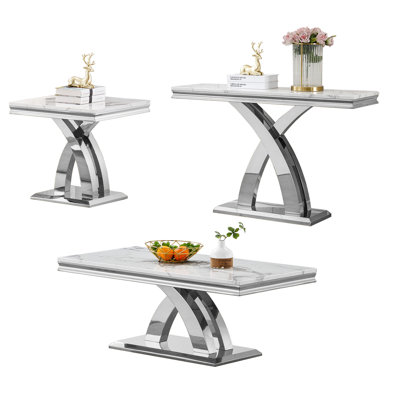 Faux Marble Coffee Table Set of 3, Modern Living Room Table Set Includes 1 Coffee Table, 1 Console Sofa Table and 1 End Side Table for Living Room, White Faux Marble Top with Diamond-Shaped Stainless Steel Frame