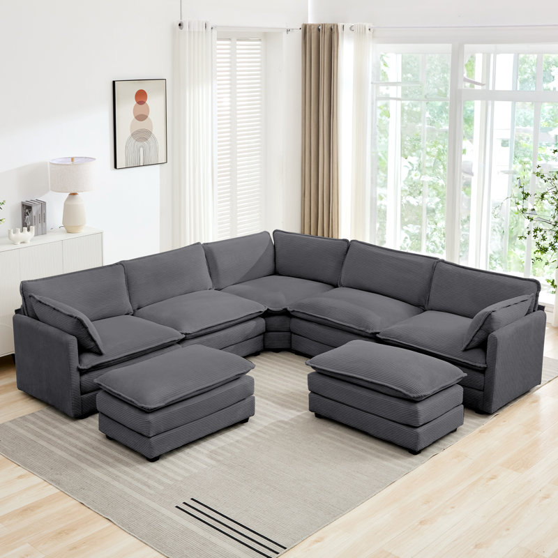 Ensemble modulaire en velours côtelé 7 pièces avec repose-pieds 7 pièces, Velours côtelé gris foncé