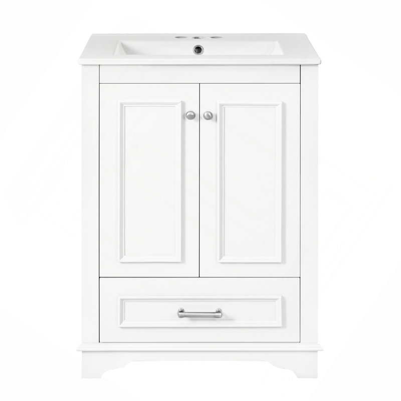 Meuble-lavabo de salle de bain avec lavabo en céramique, armoire de rangement autoportante moderne avec poignées argentées, portes à fermeture douce