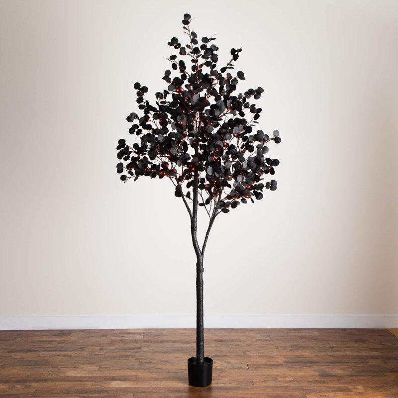 Arbre d'eucalyptus artificiel pré-éclairé noir d'Halloween avec 300 lumières DEL orange et mauves