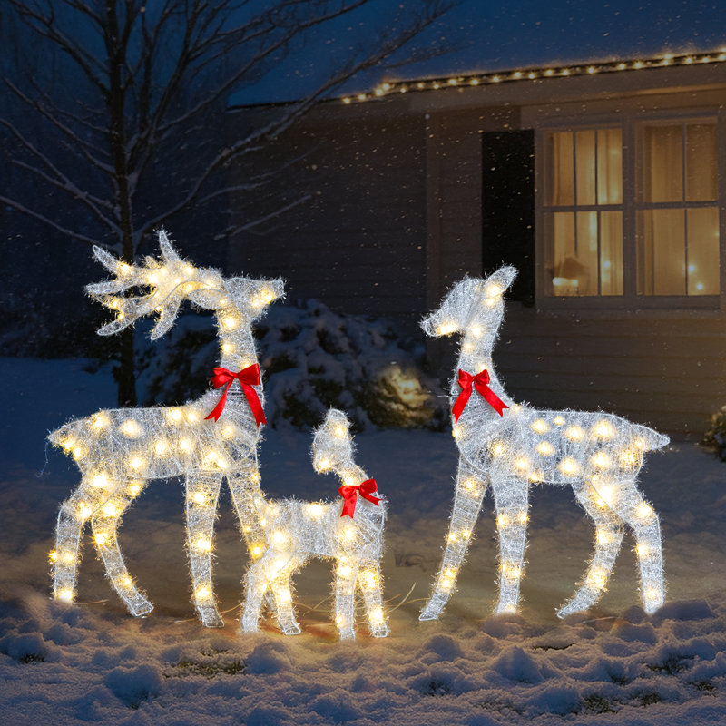 3 pièces de décoration de Noël de famille de renne blanc éclairé en 2 dimensions