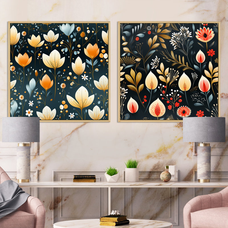 Scandinavian Botanical Collage III - Ensemble de 2 collages botaniques abstraits, H 36 po x l 73 po, Cadre flottant brun