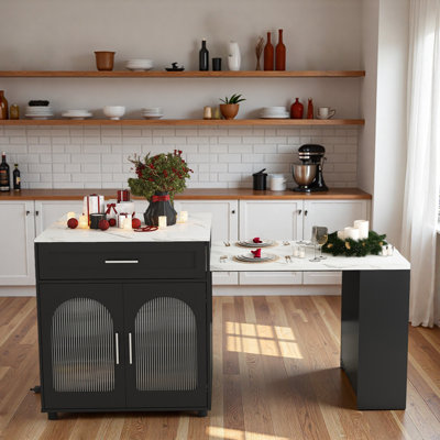 Expandable Kitchen Island With Dining Table, Power Outlet, 2 Drawers, Open Shelves And Movable Wheels