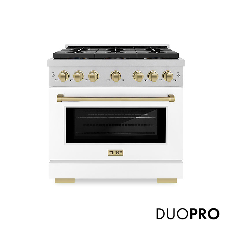 ZLINE Autograph Edition 36 in. 5.2 cu. ft. Paramount Dual Fuel Range W/ 6 Burner DuoPro Cooktop and Electric Convection Oven in Satin Stainless Steel W/ White Matte Door and Champagne Bronze Accents