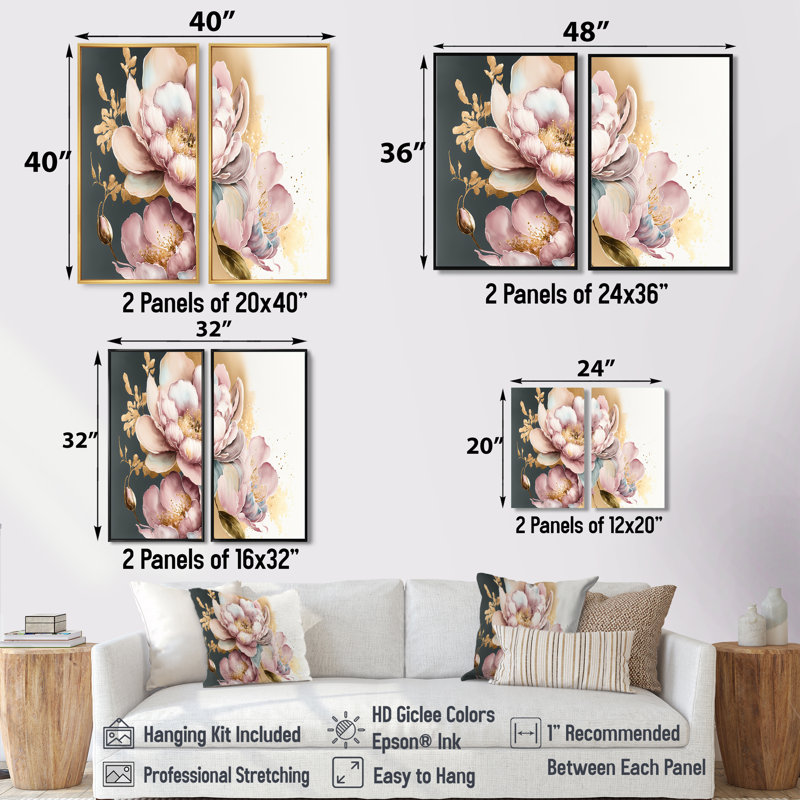 Orchidée rose et or II - impressions sur toile traditionnelles 2 pièces, H 36 po x l 48 po, Noir