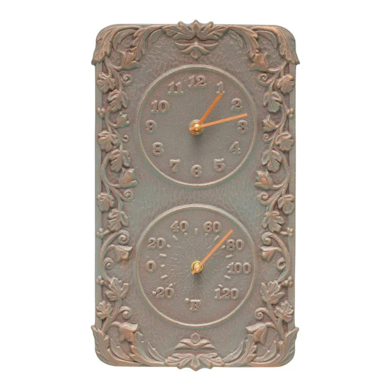 Copper Verdigris Aluminum Outdoor Wall Clock and Thermometer