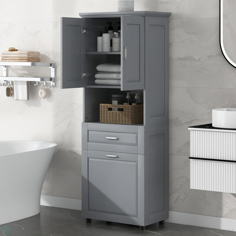 Rangement de salle de bain, grande armoire de salle de bain avec panier à linge, grand panier à linge inclinable et armoire de rangement supérieure