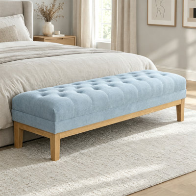63" W Upholstered Bedroom Bench, Tufted Accent Bench Ottoman with Rubberwood Legs