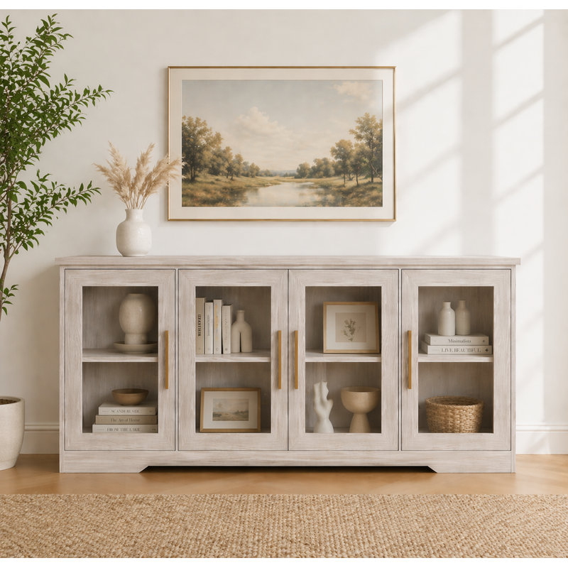 66" W Modern Sideboard Buffet Cabinet with Glass Doors & Adjustable Shelves, Gray