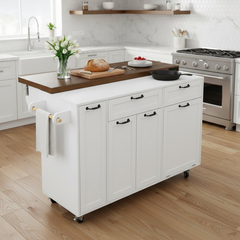 Wheeled Mobile Kitchen Island, Extendable Dining Table, Three-Tier Pull-Out Spice Rack, Trash Can Storage Cabinet – Ideal For Kitchens And Dining Rooms.