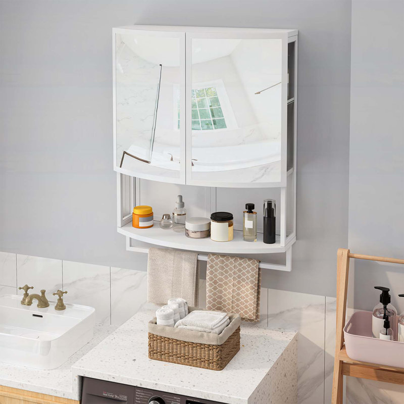 Armoire de rangement moderne à double porte en verre arqué avec miroir incassable et rangement polyvalent, Blanc