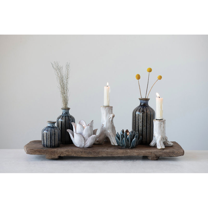 Round Embossed Stoneware Vase with Vertical Lines and Reactive Glaze