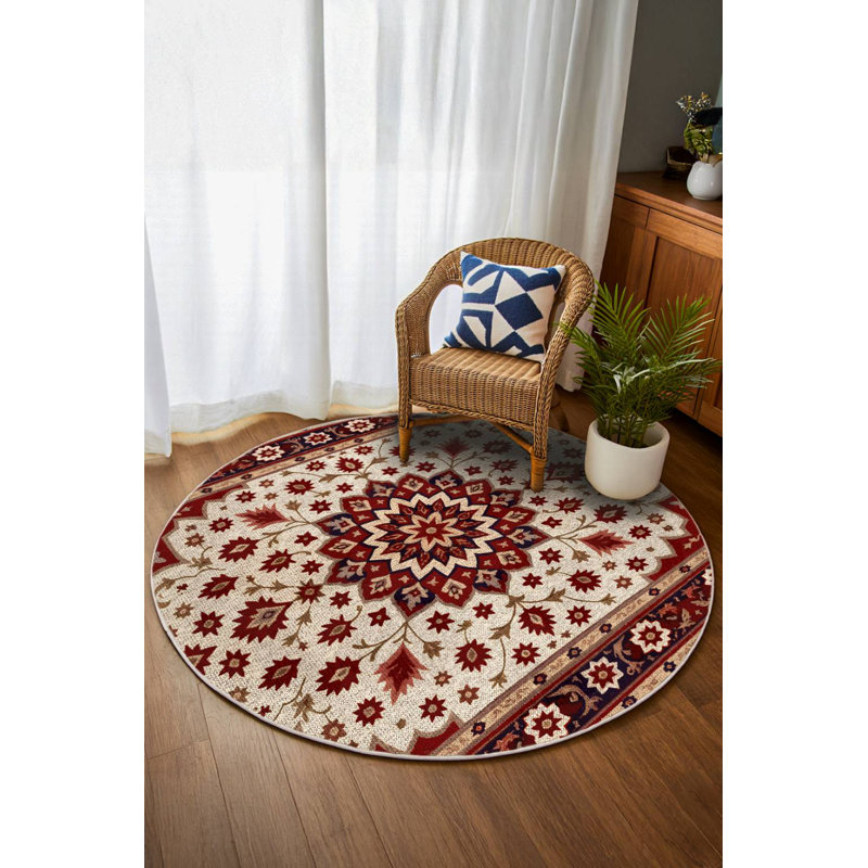 Tapis floral en coton et polyester à imprimé numérique Jazeera Collection, Rond 3 pi 4 po