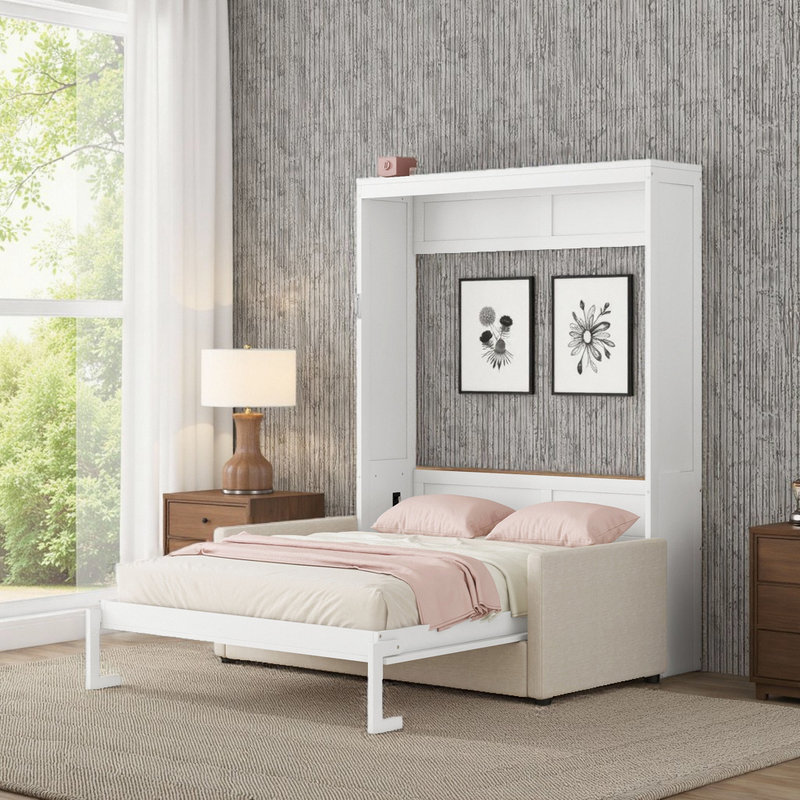Grand lit escamotable 66,8 po avec canapé convertible peu encombrant, Blanc