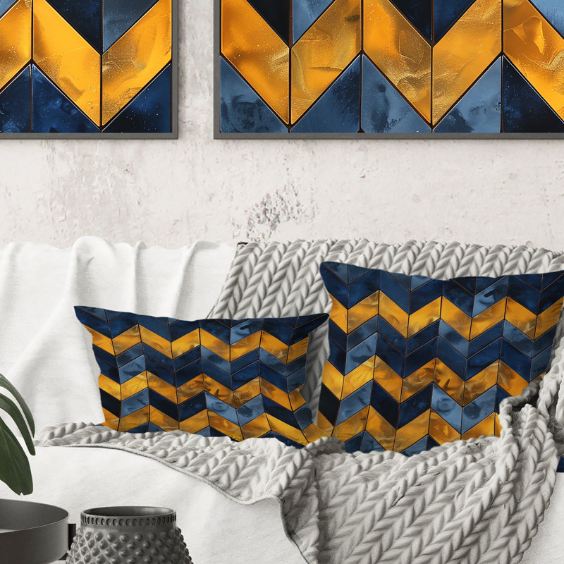 Coussin lombaire moderne à imprimé chevron bleu et jaune Glam