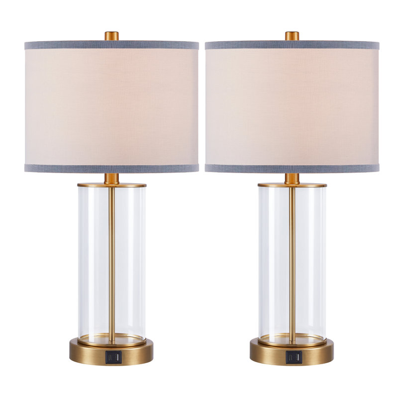 Quinita 23"  Glass Table Lamp Set with Touch Control,  LED Bulbs, USB Ports, Antiqued Brass
