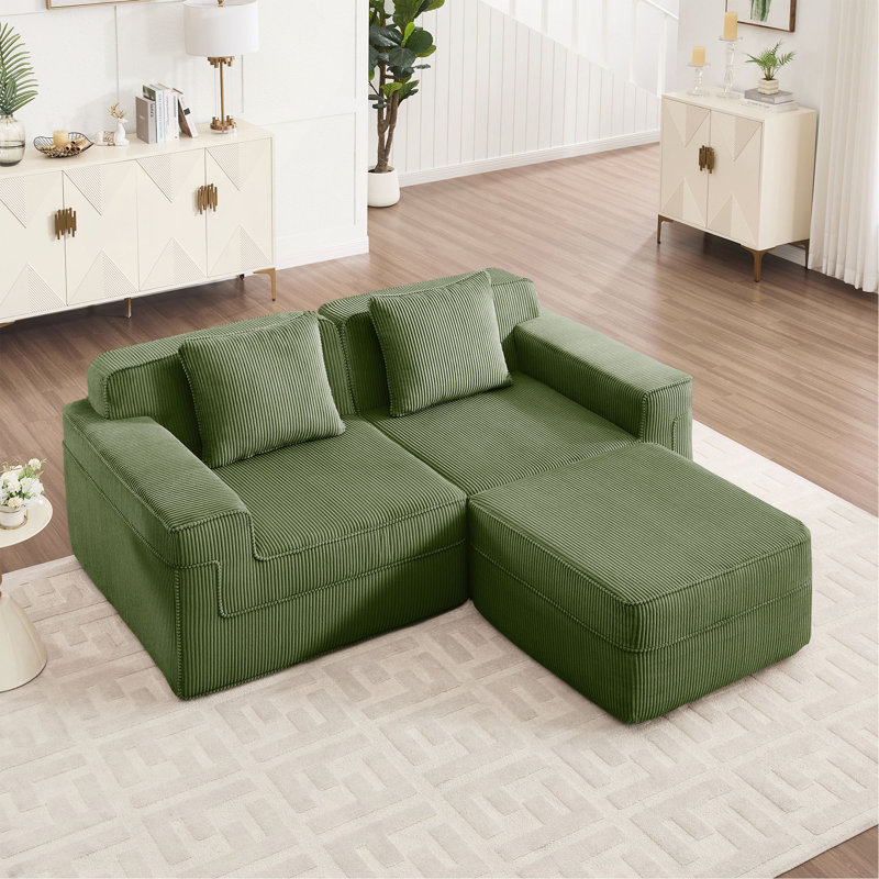 Canapé modulaire modulaire en L à 2 places sans os, canapé modulaire Cloud avec assise profonde, canapé modulaire moderne à 2 places avec coussins décoratifs et 1 repose-pieds mobile, tissu en velours côtelé