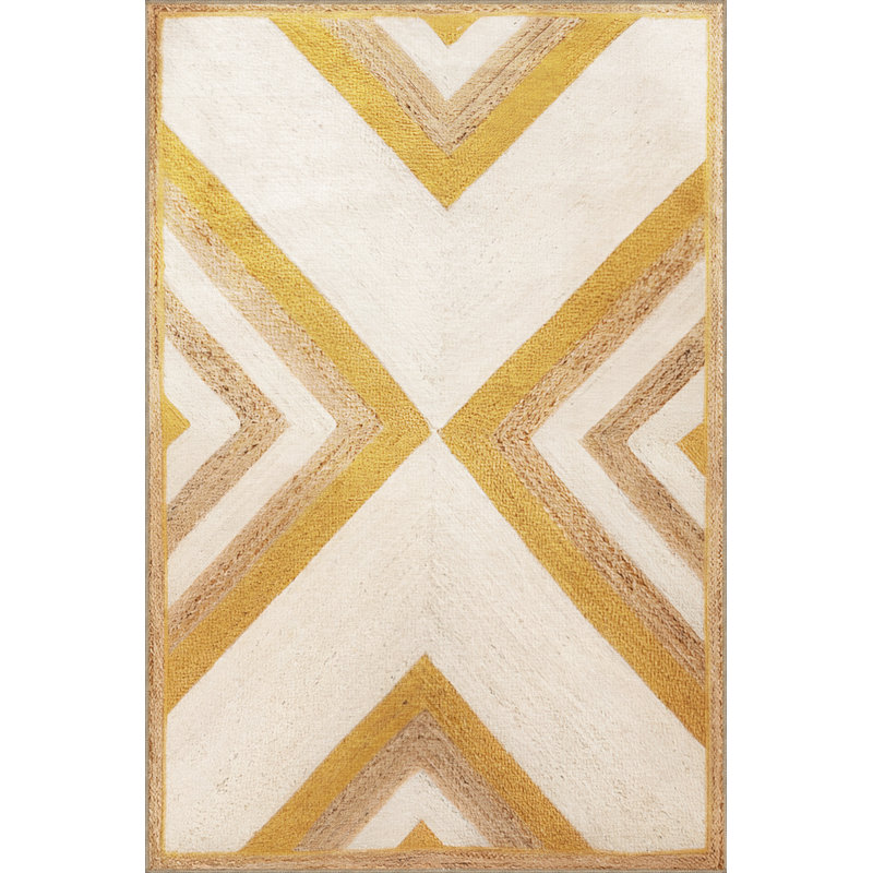 Tapis en coton polypropylène à motif géométrique beige, jaune et brun, Rectangle 5 pi x 6 pi 6 po