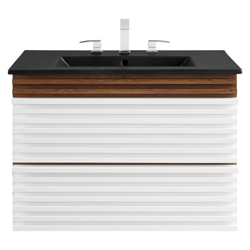 Meuble-lavabo mural Crawley, Noir, Blanc/noyer