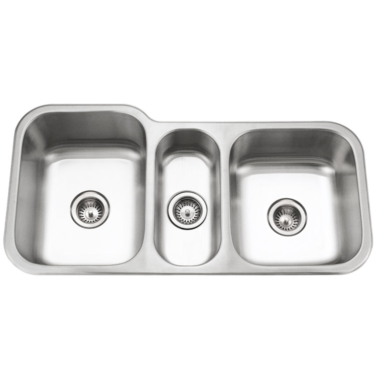 Houzer 40 in Stainless Undermount Triple Bowl Kitchen Sink with Strainers, Grids - MGT-4120-C