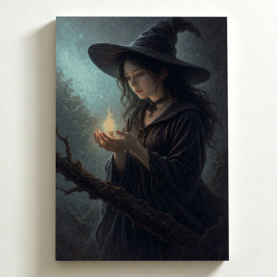 Art d'Halloween sur toile 24 po x 36 po, sorcière avec un globe lumineux, forêt mystique, impression d'art sur toile foncé. Décoration murale moderne pour chambre à coucher, salon et bureau personnel