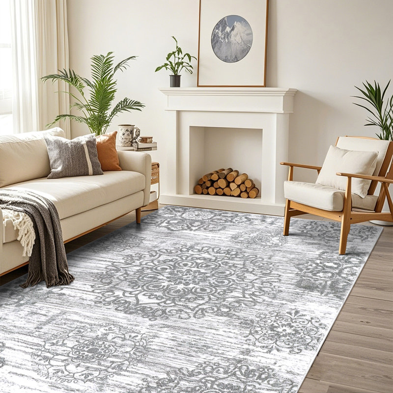 Machine Washable Non-Slip Gray/White Oriental Area Rug, Rectangle 8' x 10'