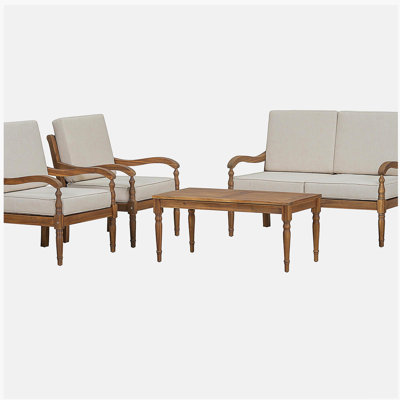 Ensemble de conversation 4 pièces avec coussins, ensemble de conversation d'extérieur en bois d'acacia, naturel et beige