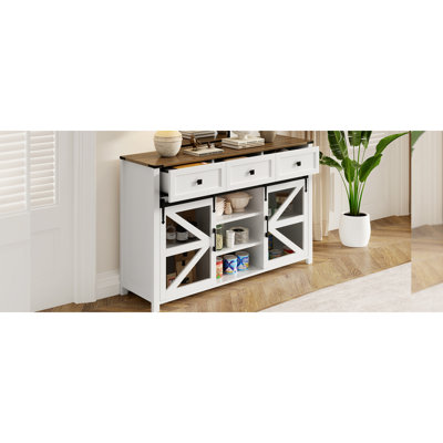 U_Style 55'' Sliding Barn Door Sideboard Buffet Cabinet With 3 Drawers, Adjustable Shelves, Metal Mesh & Particleboard Doors, Aluminum Handles, Industrial Storage For Living Or Dining Room