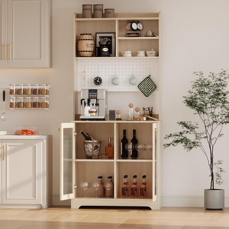 71 in Pantry Storage Cabinet with Doors, Adjustable Shelves & Pegboard, Kitchen Hutch for Dining Room, White, Ivory