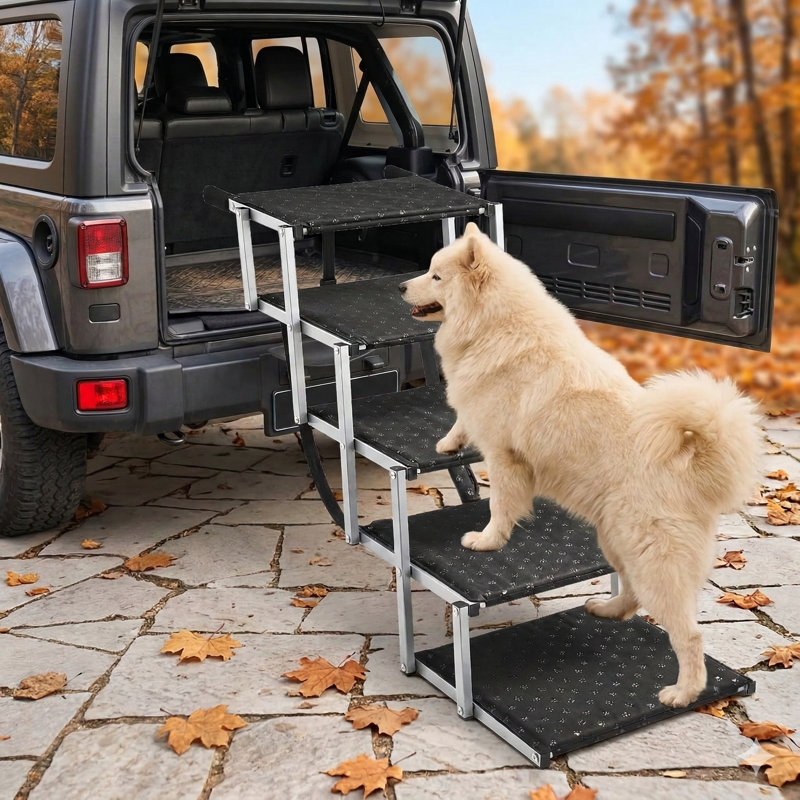 Rampe pour chien compacte pliante pour voitures, VUS, camions - Marches pour animaux de compagnie transportables avec surface antidérapante et construction renforcée, légère et durable pouvant supporter jusqu'à 200 lb (largeur élargie - 5 bandes de roulement)