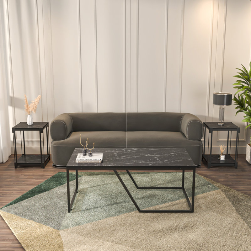 Ensemble de tables basses et tables d'appoint Wendy & Zenas, Motif de marbre noir et noir