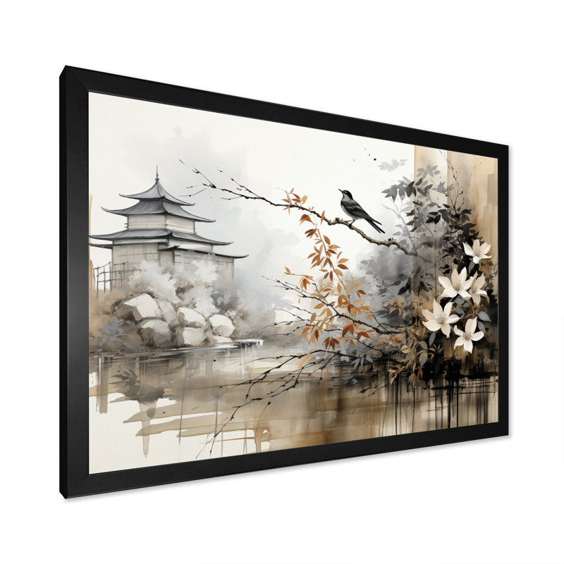 Asian Art Sumi Bird Serenity I - Art mural asiatique, H 12 po x l 20 po x P 1 po, Cadre simple noir