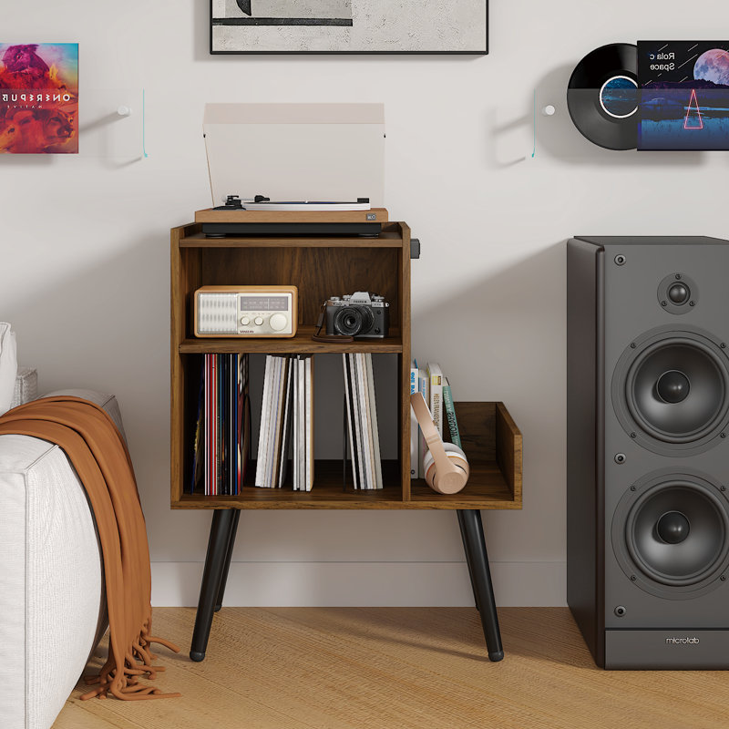 Dark Walnut Vinyl Record Storage Stand With Audio Shelf And Built-In Power Outlet For Living Room, Rustic Walnut 