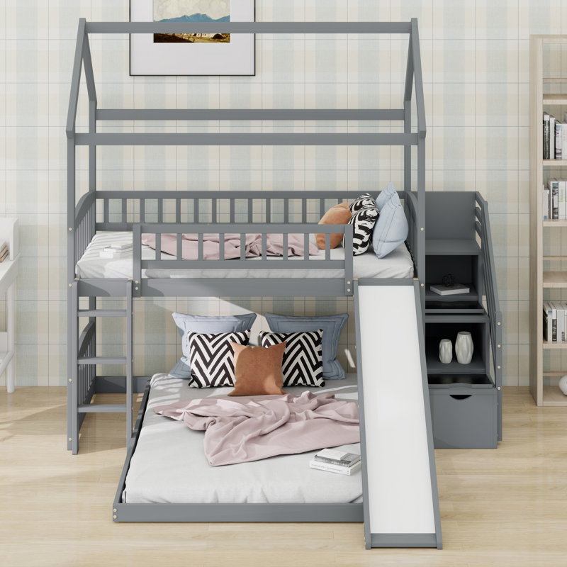 Lit superposé de style maison avec glissade, Gris
