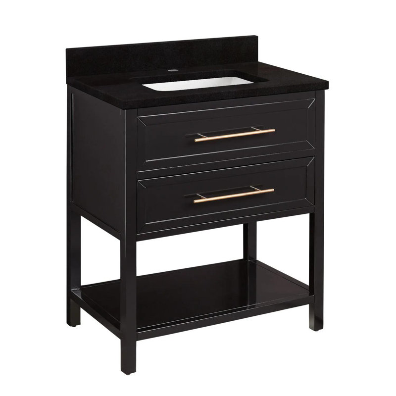 30" Robertson Single Bathroom Vanity Set with Rectangular Undermount Sink, Single Hole, Black, Feathered White Quartz